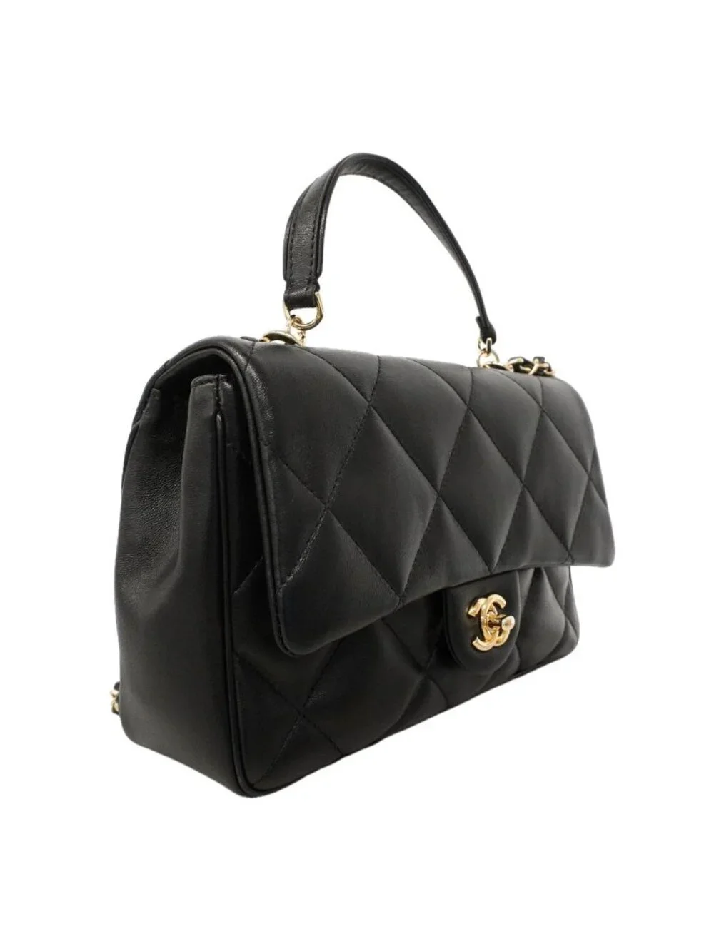 Chanel Handbag Quilted Lambskin Black Gold 2-Way Bag